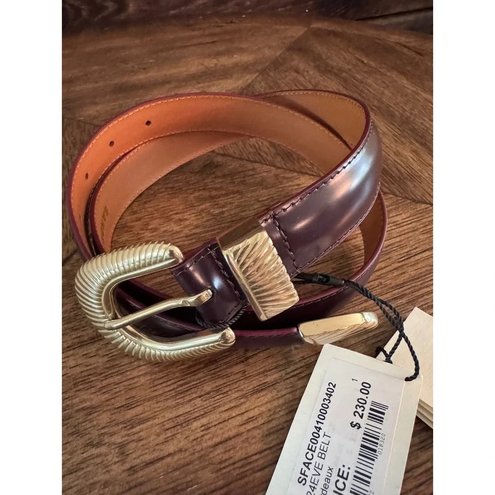Sandro Bordeaux Leather Eve Belt Gold Western Buckle Made in France H24EVE T1